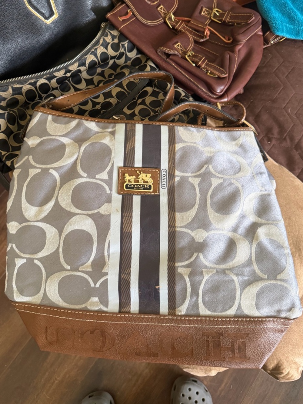 Coach Gray and Brown Signature Stripe Tote